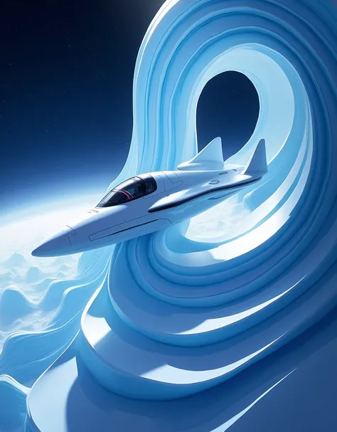 A minimalist futuristic spaceship, in smooth blue and white flowing waves with smooth peaks and layered gradients, constructed using space waves, landscape, painting by Moebius and Picasso