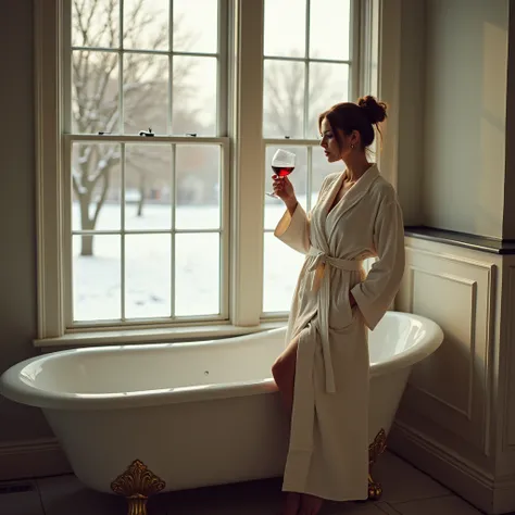 Full-length view of a model in a bathrobe standing in a bathroom with a vintage bathtub, holding a glass of red wine, leaning against a wall, near a window with sunlight coming through, and snow visible outside, wide angle