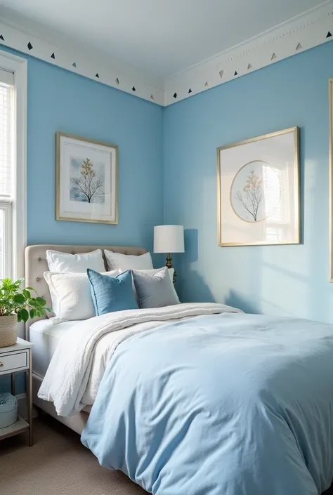 The third bedroom on the right should be cozy and contemporary, featuring a light blue and white theme with a neatly made bed, decorative pillows, a small indoor plant, and soft natural lighting streaming into the space. Use a blue border with subtle trian...