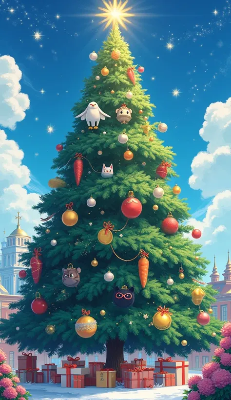 Masterpiece,Best quality, Anime style, Very large Christmas tree, luxurious decorations, star decorations, white sparrow mascot decoration, red glasses decoration, black fur ball decoration, black cat mascot decoration, lemon decoration, carrot decoration,...