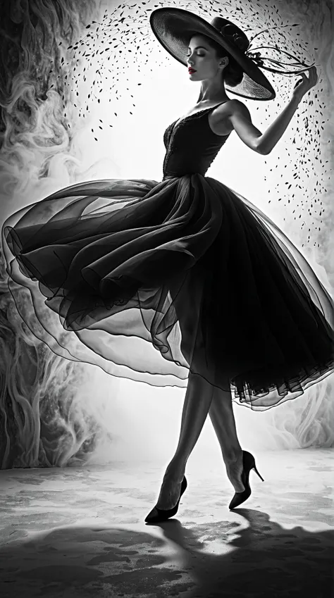 (Art Dance Poster Design)
(Ethereal European dancer gracefully in motion)
(Wearing a flowing 1950s fashion dress, embodying elegance)
Head held high, with fair and flawless skin, high nose bridge
(Face obscured by a large, whimsical hat: 1.37)
(Poignant ex...