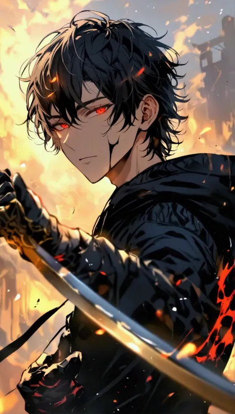 very detailed, flawless, 1 male, 20 years old, handsome face, wearing a black hoodie, black pants, short black hair, red eyes, holding a sword in one hand, full body portrait