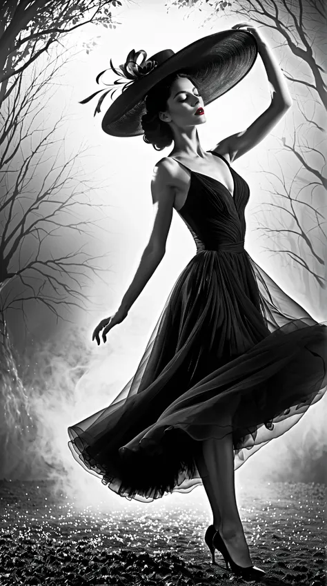 (Art Dance Poster Design)
(Ethereal European dancer gracefully in motion)
(Wearing a flowing 1950s fashion dress, embodying elegance)
Head held high, with fair and flawless skin, high nose bridge
(Face obscured by a large, whimsical hat: 1.37)
(Poignant ex...