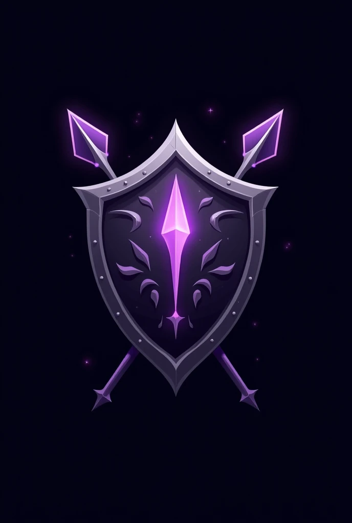 Create a minimalist logo (shield, 2 arrow, Shuriken Toss) using color scheme is primarily dark purple, silver, and black for a magical, night-time feel and a friendly, approachable style. The logo should convey a powerful and mystical with fantasy motifs l...