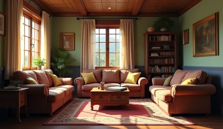 A simple living room with 3 sofas for rest and looks old 