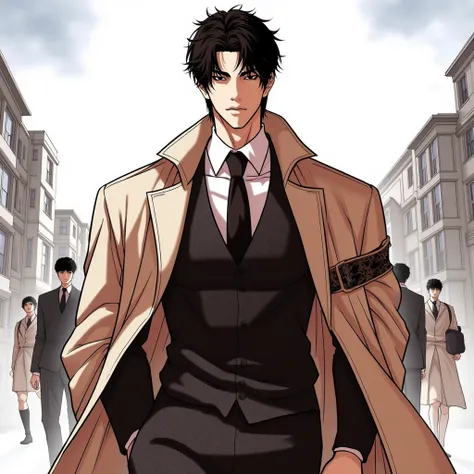 Lookism, A character from "Lookism" webtoon A striking brunette man in an japanese school uniform stands against a school background. He wears a gang coat around. his expression is stern and Commanding, professional character concept art, full body view, h...