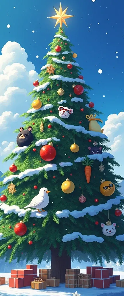 Masterpiece,Best quality, Anime style, Very large Christmas tree, luxurious decorations, star decorations, white sparrow mascot decoration, red glasses decoration, black fur ball decoration, black cat mascot decoration, lemon decoration, carrot decoration,...