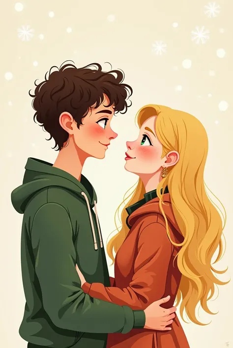 Couple heureux, regard amoureux,Boy with dark brown curly hair and girl with smooth blond hair and green eyes, dessins version dessin simple, Christmas 