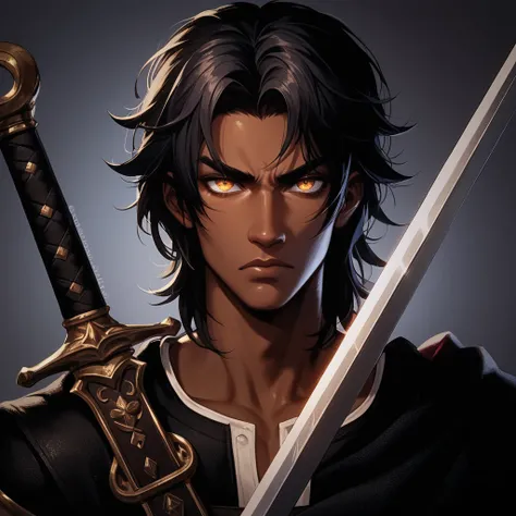  22 year old man, dark skinned,  dark-haired to her untidy neck , golden-hued eyes ,  with a serious expression and is holding a large sword 