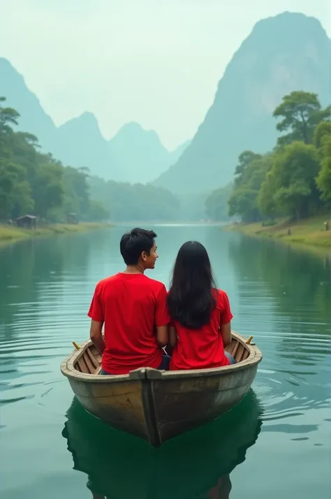  Make someone an indonesian guy and girl,  wearing red t-shirt , on a boat ride in a beautiful lake 