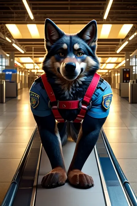 Score_9, score_8_up, score_7_up, score_6_up, a tri-colored Czechoslovakian Wolfdog, wearing a black police dog harness sniffing boxes in the airport cargo room while walking on the conveyor belt, anthro, furry, looking at Viewer, all fours 