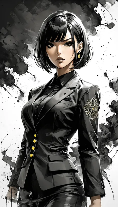 Neo-noir futuristic art style, waist-up, semi-realistic anime-style of woman facing side. woman with short, sleek black hair in a sharp bob that grazes just below her jawline. She has a warm tan skin tone, and piercing black eyes. Her eyes are almond-shape...