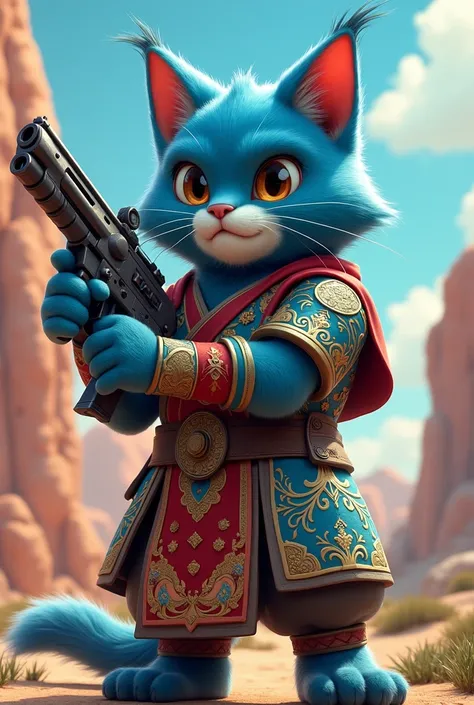 Oggy cat wearing a worrior dress and carrying a gun