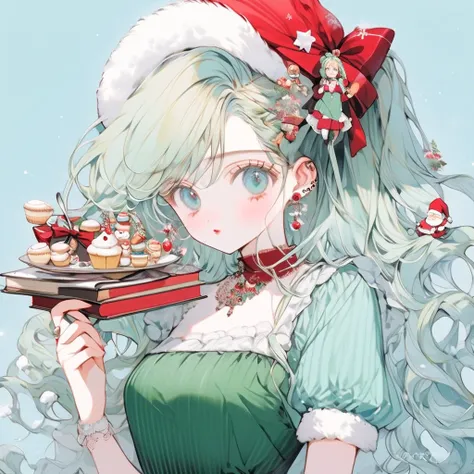  Masterpiece  , top quality ,Ultra_  Details, high definition , absurd:1.2), 1 girl,  lots of light blue _background, Santa_On_head, black_ribbOn, blOnde_light blue_hair, green_ dress, green_eye, Powder Snow, Books, Booksmark, bow, brooch, cookie, cupcake,...