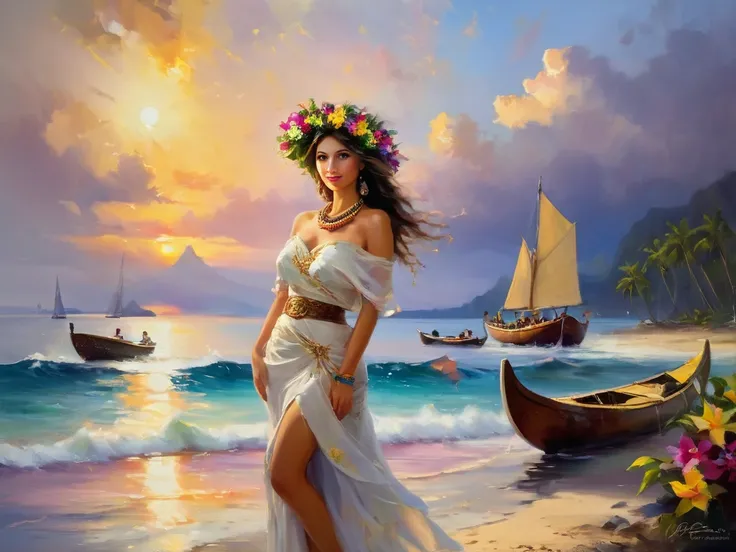 Oil painting in Pino Daeni style, Wonderful sunset from Tahiti, in 2/3, with a background of canoes and sailboats on the coast, an open horizon with a few clouds in the background, a wonderful woman, thin, tall, beautiful, wearing a wreath of flowers aroun...