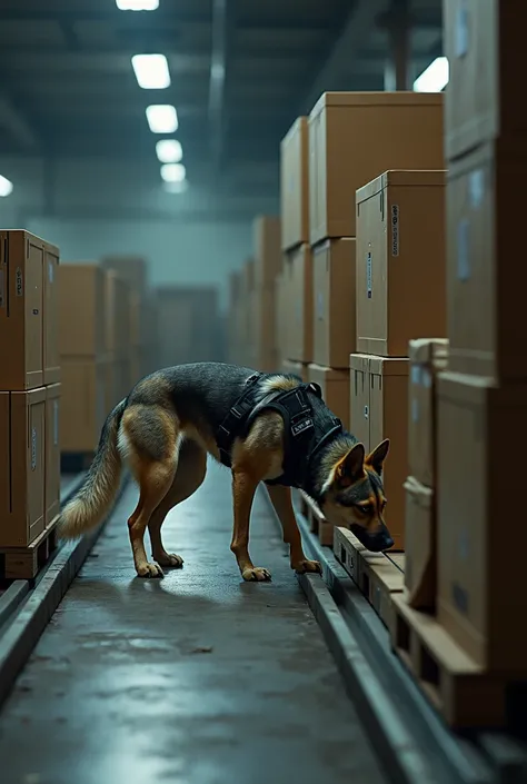 Accurate depiction of tri-colored low-content Wolfdog wearing a black police dog harness sniffing boxes in the airport cargo room while walking on the conveyor belt