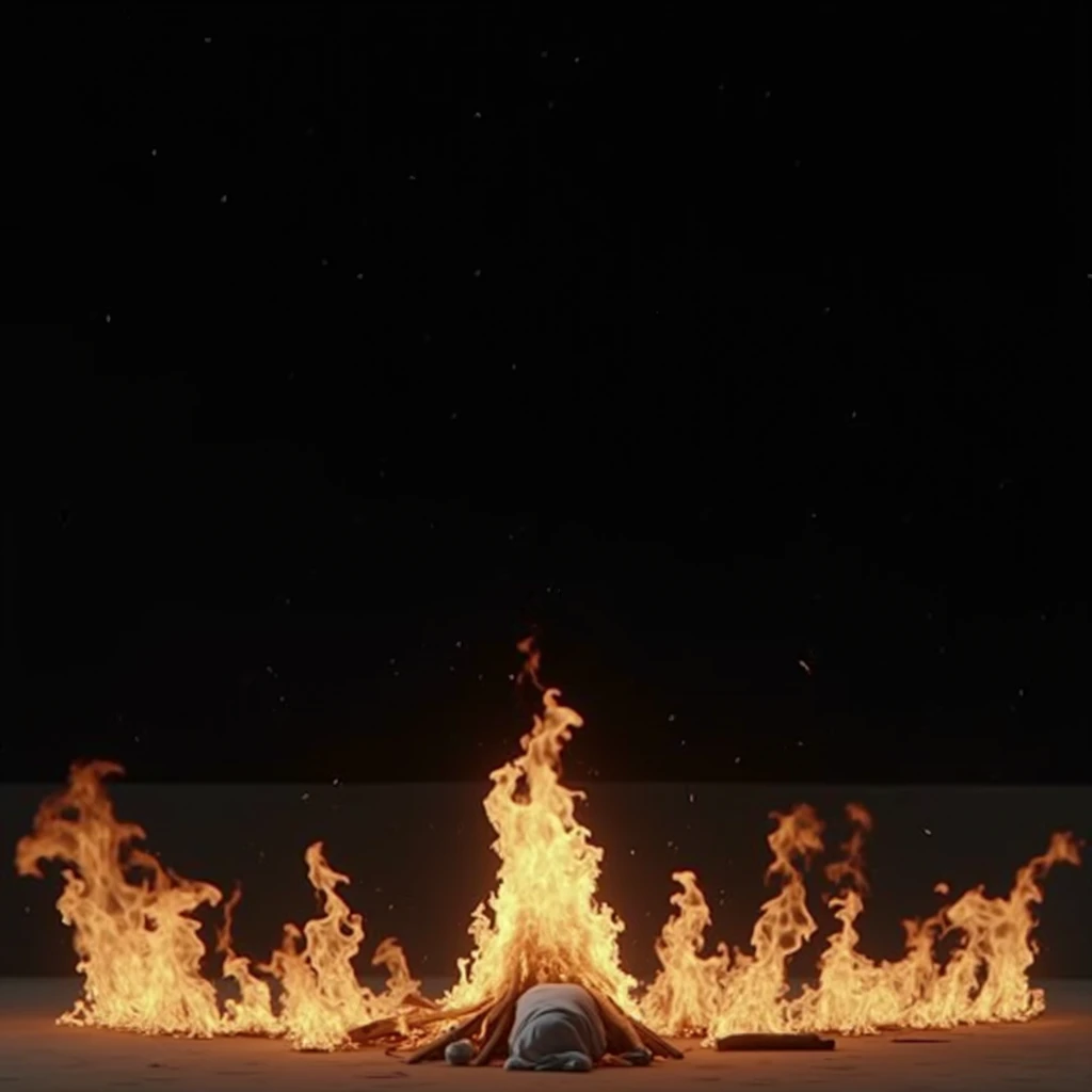 Create a hyper-realistic, cinematic image of a traditional Hindu cremation scene set at night. In the center, there is a pyre made of stacked wooden logs burning brightly with vivid orange and yellow flames. The scene includes realistic smoke rising into t...