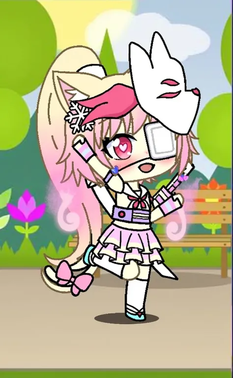  She is a cat girl , She wears a ponytail ,  a fox mask on the right ,  her eyes are pink with a white heart-shaped pupil,  a snowflake brooch on the left side ,  and a white patch that covers one eye ,  she wears white and pink gloves ,  her clothes are a...