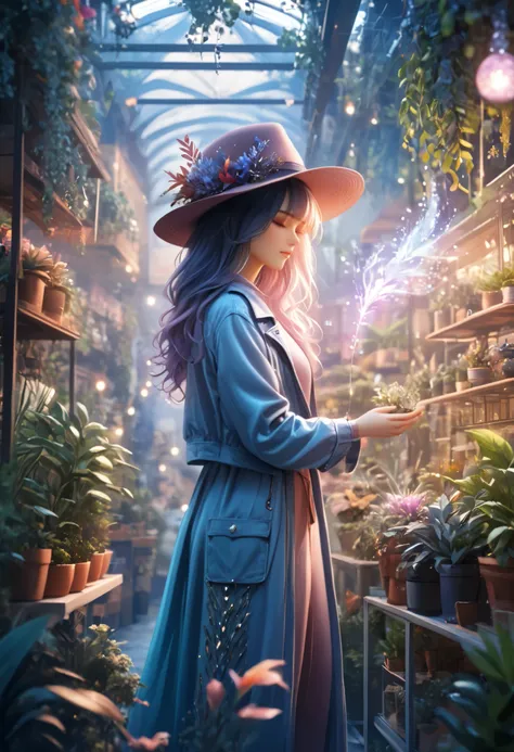  girl , in a hat, Beautiful jacket , trousers, magic, Silver mist , bright colors, rich colors ,  better quality ,  background shop with plants,  complex textures ,  maximum quality ,  masterpiece fails, 