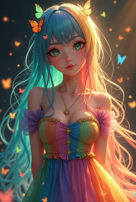 1 girl,  Masterpiece,   extremely detailed  , (( cinematic lighting )), ( round), (( dramatic lighting )), (( beautiful detailed glow)),  intricate detail , lens flare,  multicolored hair,  rainbow hair ,  long hair, multicoloured dress,  butterfly hair or...