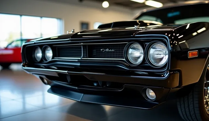 Close-up shots of the Dodge Super Bee in the showroom, showcasing its glossy black finish and design details.

Camera zooms in on the bold front grille, unique badging, and signature stripes.

A slow pan captures the aerodynamic lines and muscular stance.
...