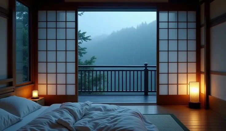 arafed view of a japanese bedroom with a balcony and a rainy night, rainy day outside, rainy evening, rainy outside, rainy night, cozy and peaceful atmosphere, cozy place, rainy afternoon, raining outside, raining outside the window, cozy and calm, late ni...