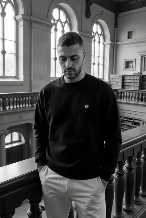 "A black-and-white photograph captures a young man with very short hair standing on a mezzanine level of a grand, historic library. He wears a dark, oversized sweatshirt paired with tailored light trousers, combining a casual yet polished style. His postur...