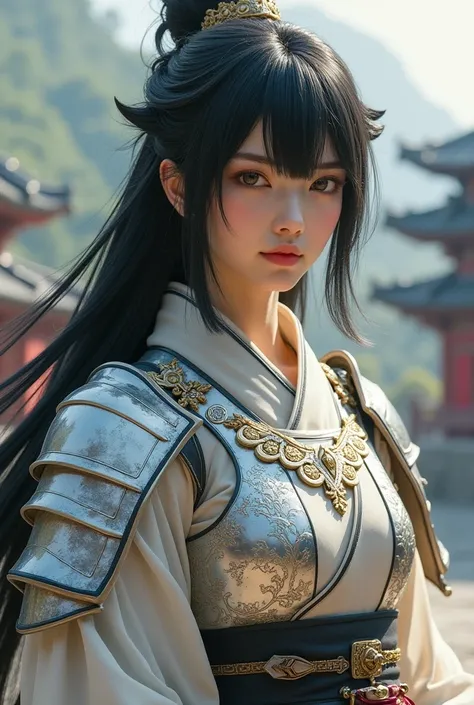  1 Japanese beauty ,  A full-body goddess wearing intricate armor who rules white dragons 、Temple Background、（ Photorealistic :1.4）、 Perfect Anatomy、Glowing Skin、 black hair、 BOB CUT HAIR、 with straight eyebrows and bangs 、A nicely aligned neckline 、 small...