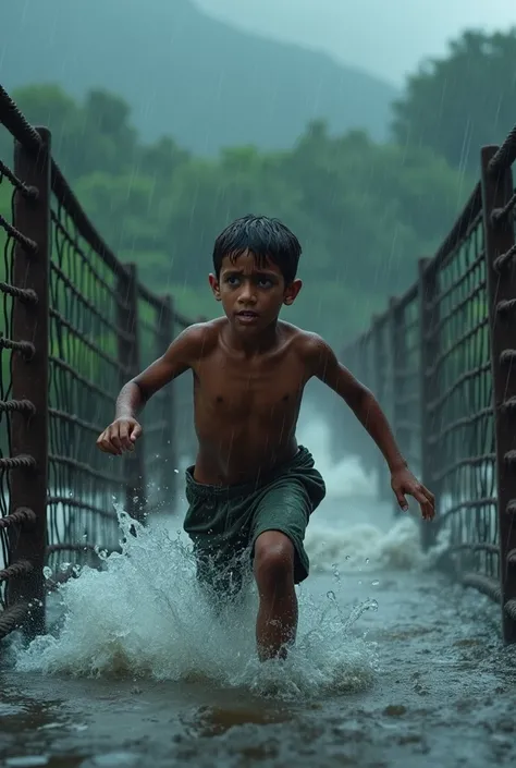 
A heavy rainstorm pours down, with the river swelling and flowing rapidly beneath the bridge. The boy, wet and worried, rushes toward the bridge. His expression shows concern and urgency. The ropes of the bridge glisten with water, and the dark, stormy sk...