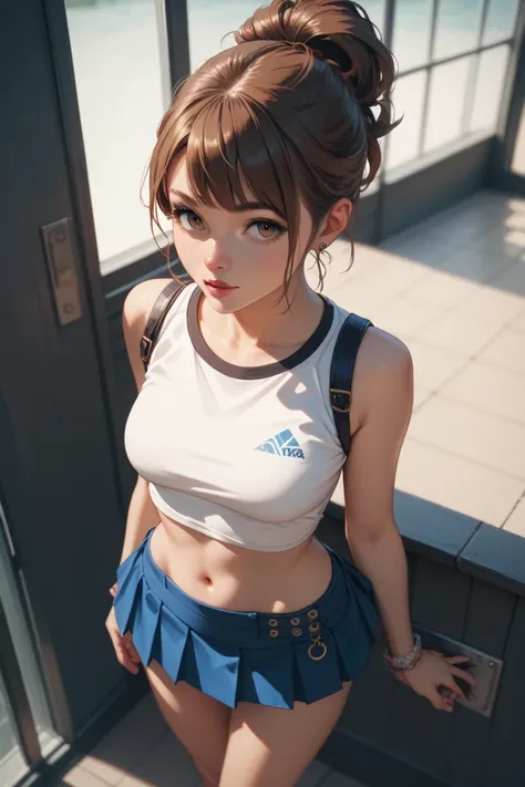 Do an anime-style girl with brown hair,  mini skirt , shirt above the navel and sleeveless 