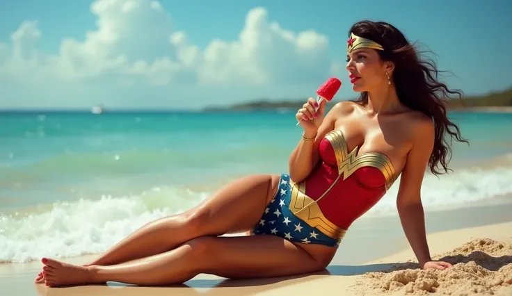 130 mm photo, HOT voluptuous WONDER WOMAN CHARACTER FROM DC COMICS. WEARING BIKINI RESTING ON THE BEACH, eating a red ice cream. thick legs. photo hiper realistic. krea flux