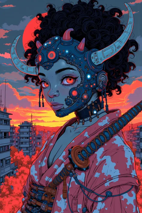  Anime-style illustration of a devil wearing a yukata with a sword and a demon mask, Urban Warrior , Demon Samurai,   Cyberpunk Samurai  , very beautiful   Cyberpunk Samurai  , grim Reaper, Street Samurai ,   afro samurai anime style  ,  Tyler Jacobson sty...