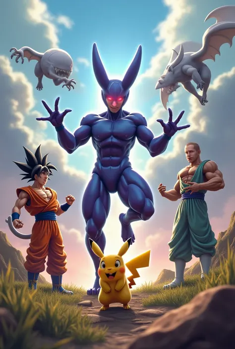 Mewtwo at hyperspeed, accompanied by Pikachu, Goku, Freeza, and Aang, portrayed as detailed fantasy characters. The scene is in 4 resolution, highly detailed with lighting, vibrant colors, composition, epic scale, dramatic lighting, and photorealistic qual...