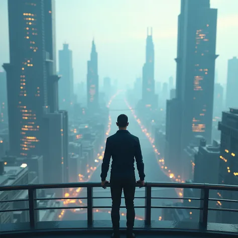 a person is standing on a building and looking on a digital world