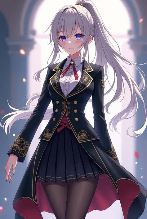 **"An anime-style depiction of a 16-year-old young woman in a modern isekai fantasy world. She has long, flowing light gray hair tied in a high ponytail, cascading elegantly down her back, with soft strands framing her face and a delicate fringe resting on...