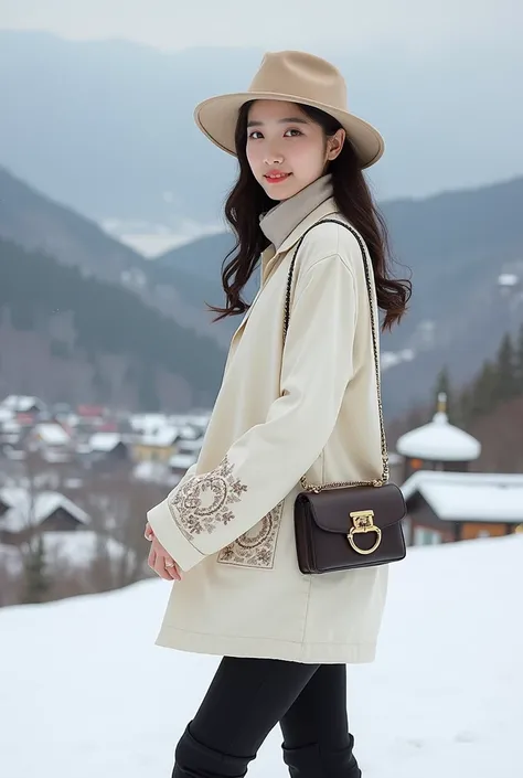 A beautiful Korean girl, wearing a Tam hats type hat, a thin smile facing the camera, a slightly fat proportional body, wearing a light cream Frock coat type shirt with elegant embroidered batik, wearing black pants, wearing high shaft booties shoes, weari...