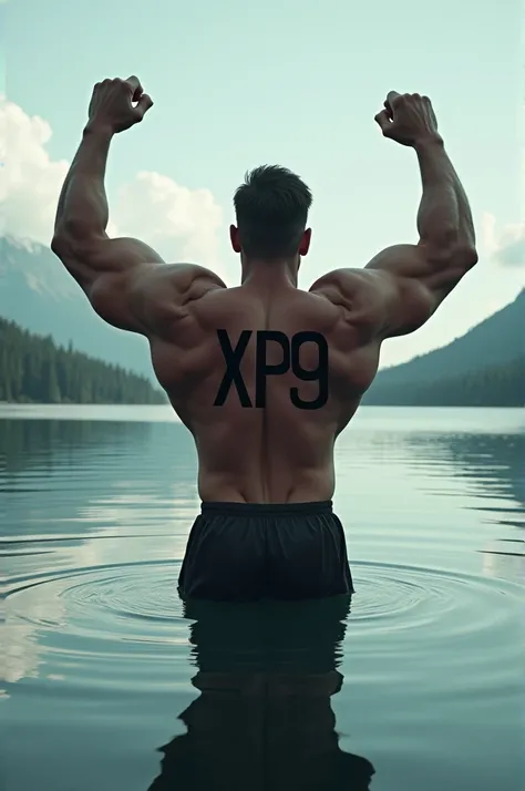  A muscular man ,  with your back turned towards us , standing in a lake ,  both arms pointed upwards ,  keep the globe ,  on your back is written XP9