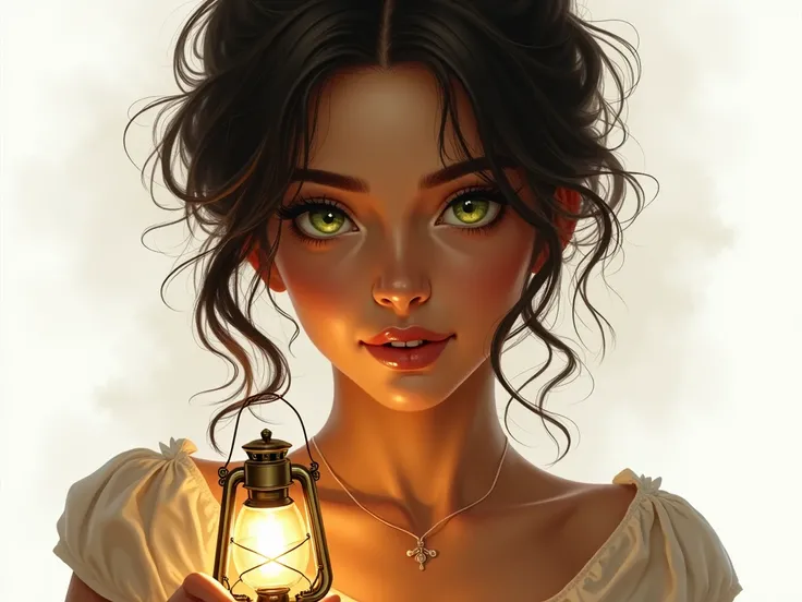 Illustration A brown-skinned, green-eyed woman holding a lantern.  WHITE BACKGROUND  