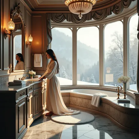 Model wearing bathrobe in an old-world style bathroom, hand turning on faucet, snow falling outside, panoramic view,Make it look like an elegant bathroom