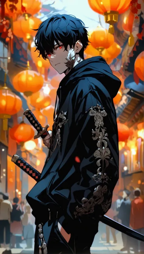 very detailed, flawless, 1 male, 20 years old, handsome face, wearing a black hoodie, black pants, short black hair, red eyes, holding a sword in one hand, full body long shot