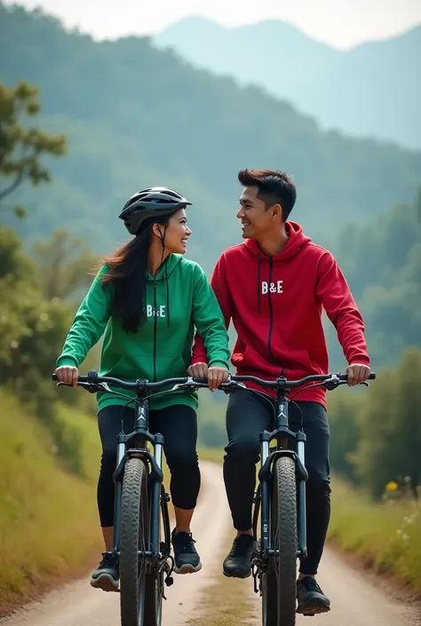  Real photo of a handsome and beautiful Indonesian married couple ,  wearing sports hoddie clothes ,  red color with inscription B&E , Green woman ,  riding a mountain bike , background of a beautiful and amazing natural mountain road, real photo, detail, ...