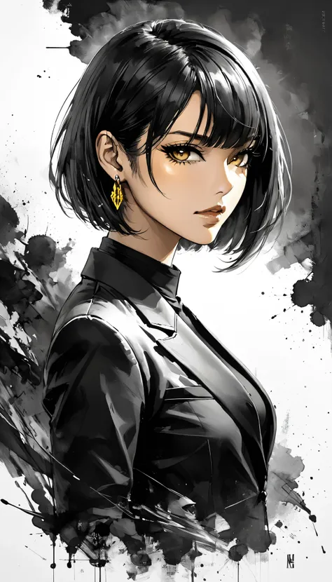 Neo-noir futuristic art style, waist-up, proportional body, semi-realistic anime-style of woman facing side. woman with short, sleek black hair in a sharp bob that grazes just below her jawline. She has a warm tan skin tone, and piercing yellow eyes. Her e...