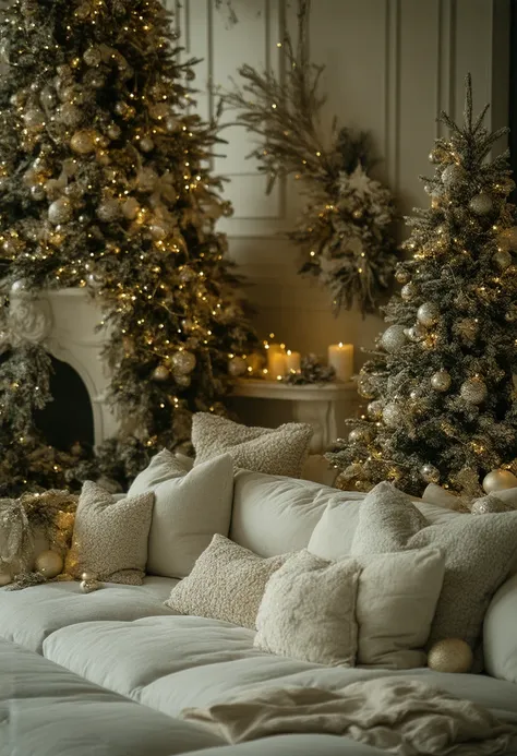 A mesmerizing image of a beautiful home, Christmas decorated, modern, interior decor, fantasy, high detailed, very realistic, 8k