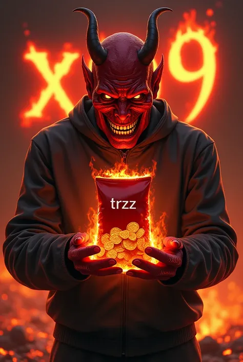 A man with a red devils head , grins evilly,  holding a burning bag of chips between his hands,  on a bag of chips is written Trzz ,  in the background is burning a font written XP9  