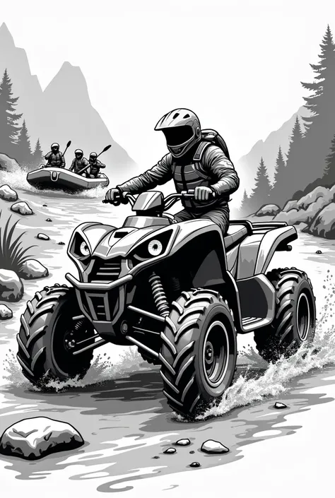 Gambarkan ATV dan Rafting vector mode sketsa,  without any mountain and water background, enough atv and rafting saha 