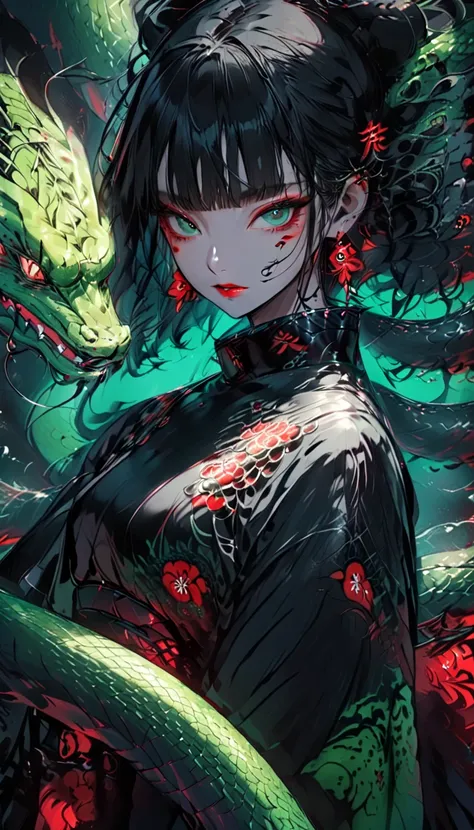  Girl of a Beautiful and Terrible Monster with a Big Snake Tail on Her Lower Body。 An incarnation of Yamata no Orochi。Japanese woman with straight black hair 。Enchanting and Bewitching 。Deep green eyes。 Red on the outer corner of the eye 、 Snake Eyes 。Brig...