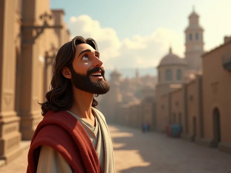 COMPOSITION, 3d,  of Jesus Christ , happy,  in Disney Pixar style, He is looking up , on a gray background in the old city