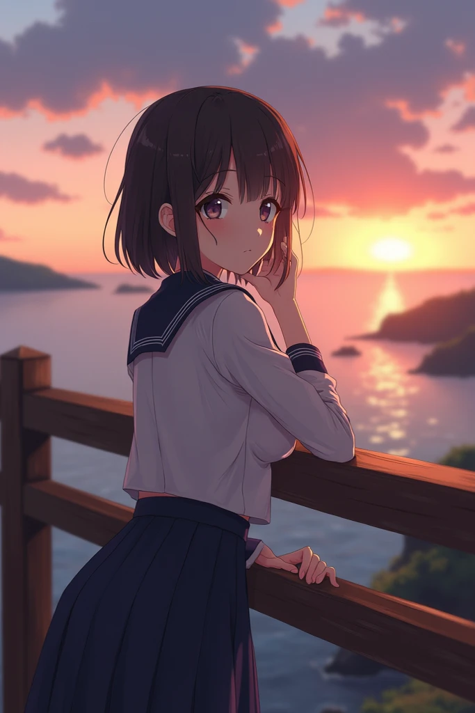 Anime girl with Japanese uniform have medium breast. She is leaning on the railing at sunset