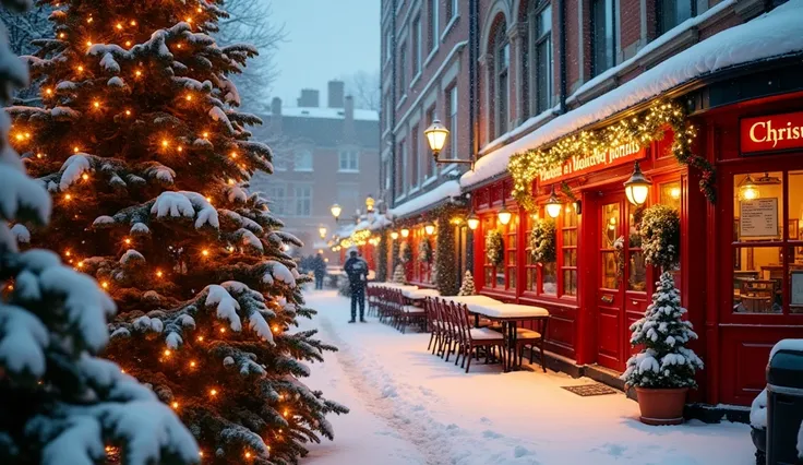 The image describes a festive winter scene with a beautifully decorated Christmas tree covered in snow and adorned with red and gold lights. To the right, there is a brightly lit café or restaurant with a red facade, also decorated with lights and Christma...