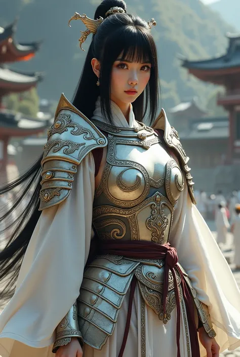  1 Japanese beauty ,  A full-body goddess wearing intricate armor who rules white dragons 、Temple Background、（ Photorealistic :1.4）、 Perfect Anatomy、Glowing Skin、 black hair、 BOB CUT HAIR、 with straight eyebrows and bangs 、A nicely aligned neckline 、 small...